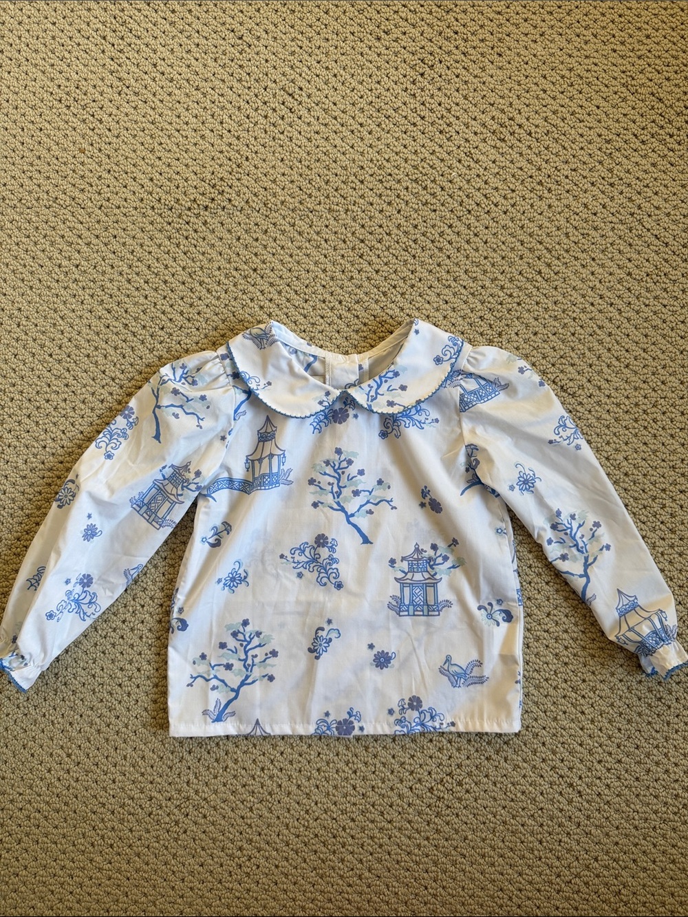 The Beaufort Bonnet Company Girls' Blue & White Printed Peter Pan Collar Top